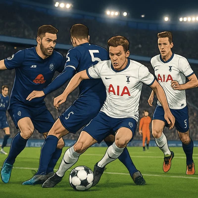 A tense scene at Tottenham Hotspur Stadium, with players in navy blue and white kits battling for possession. The stands are filled with anxious fans, creating an electric atmosphere as the team fight