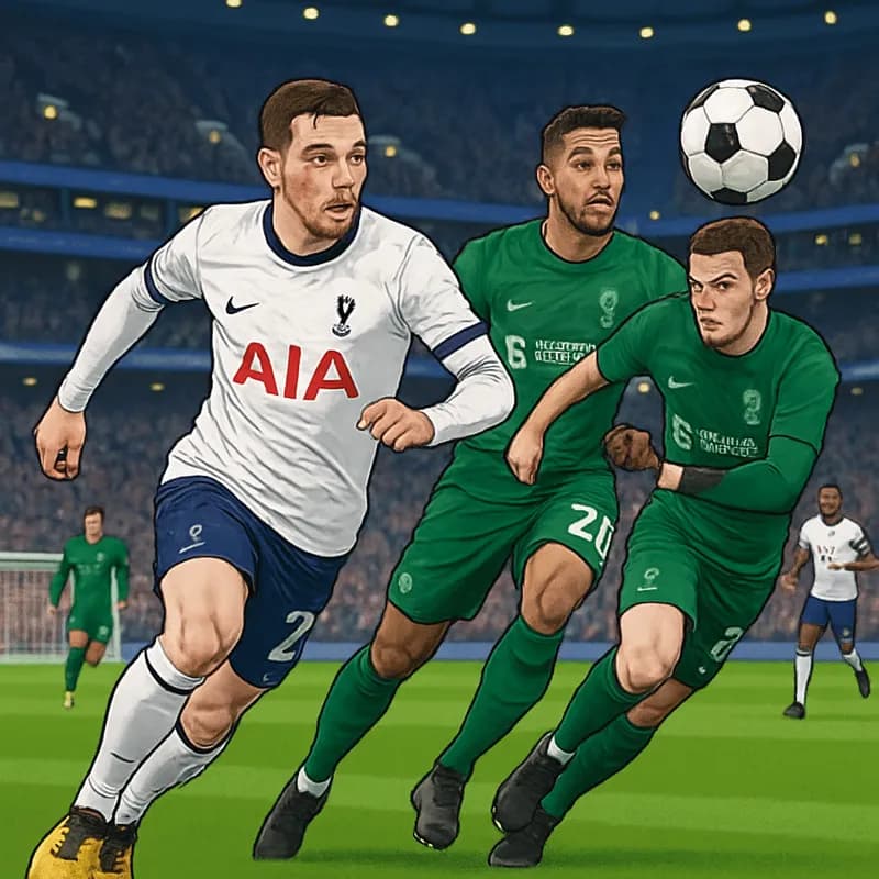 A vibrant scene at Tottenham Hotspur Stadium, with fans in navy blue and white jerseys cheering passionately. Andy Robertson, in a Tottenham kit, is seen making an overlapping run down the left flank,