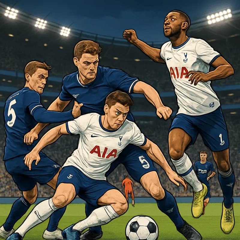A tense moment at Tottenham Hotspur Stadium, with players in navy blue and white kits battling for possession. The crowd is on their feet, creating an electric atmosphere as the players focus on the g