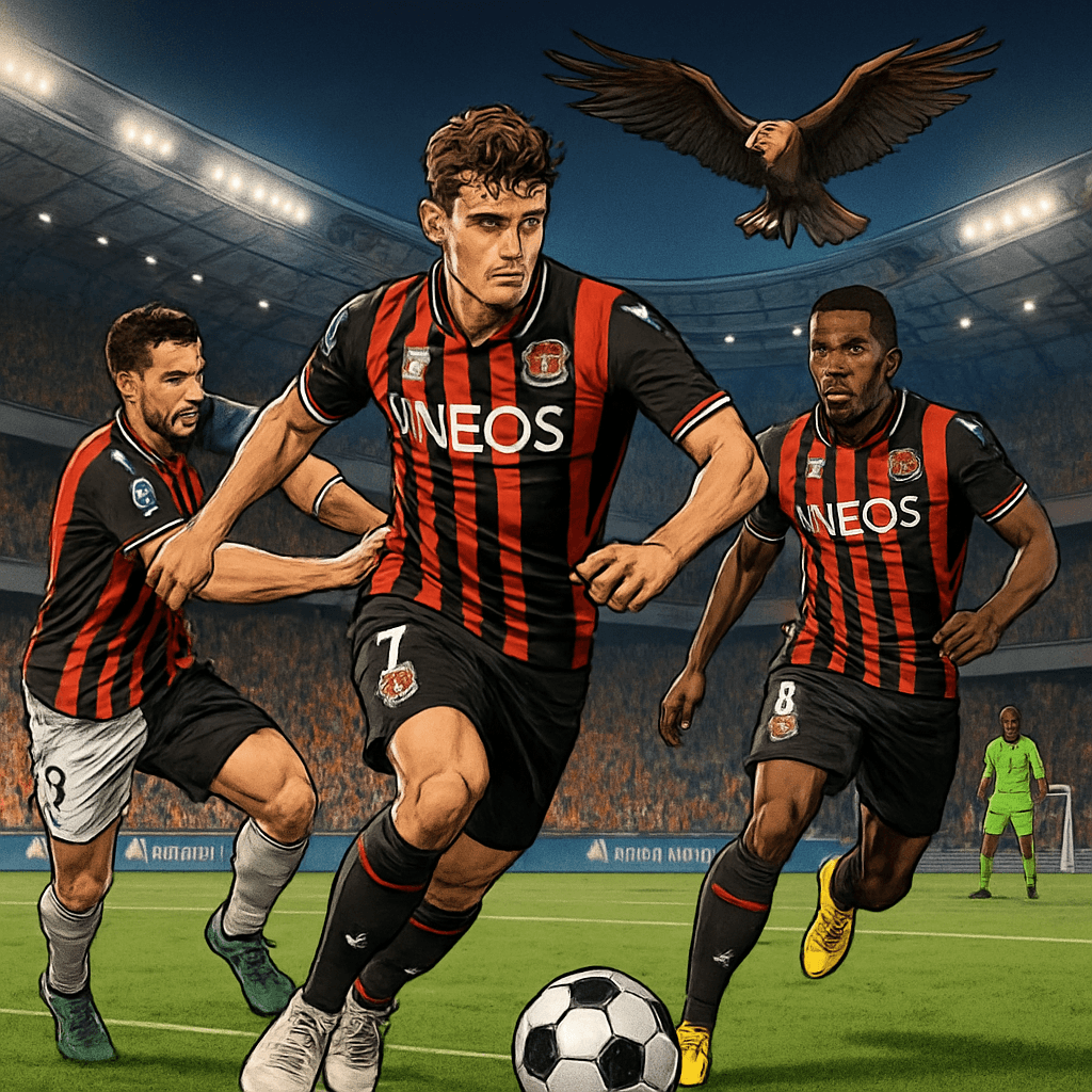 A lively scene at the Allianz Riviera during a match, with OGC Nice's players in their red and black striped jerseys, fans cheering in the stands, and the iconic eagle mascot, Mefi, soaring above the 