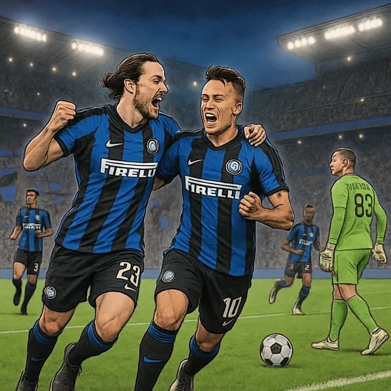 A vibrant scene at San Siro stadium, with Inter Milan players in their blue and black striped jerseys celebrating a goal. The stadium is packed with fans waving flags, creating an electric atmosphere 