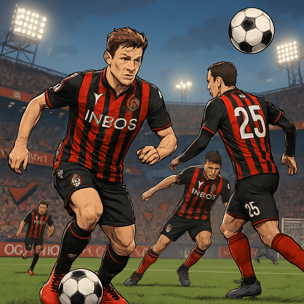 A vibrant scene at a football stadium during a match, featuring OGC Nice players in their red and black striped jerseys. The crowd is lively, with banners waving and a football soaring through the air