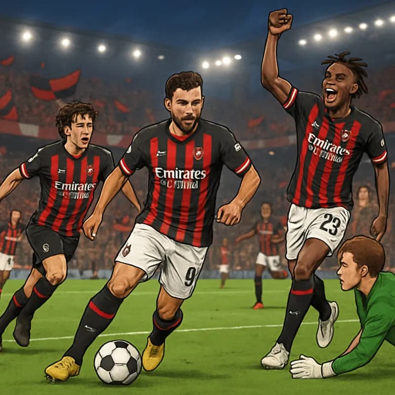 A vibrant scene at San Siro as AC Milan fans wave their red and black flags in excitement. The pitch is perfectly green, with players in the iconic Milan jerseys celebrating a goal under the stadium l