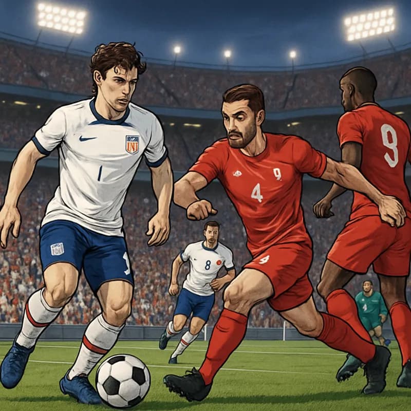 A vibrant stadium scene during a World Cup match, with fans wearing red, white, and blue jerseys cheering passionately. The green pitch is bustling with players, and the atmosphere is electric, captur