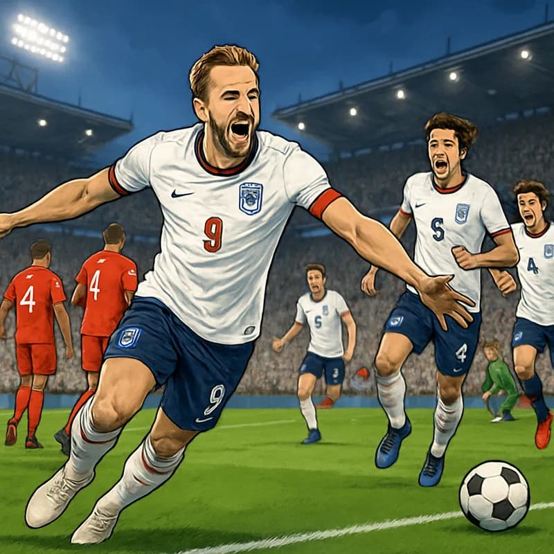 A vibrant scene at a packed stadium during England's World Cup match, with fans in the iconic white and red kits, celebrating a goal as players rush towards the corner flag, green pitch and round ball