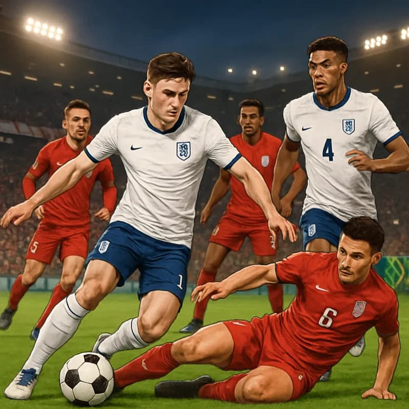 A tense moment during an England match, with players in their traditional white jerseys, battling for possession on a vibrant green pitch. The stadium is packed, with fans waving flags, creating an el