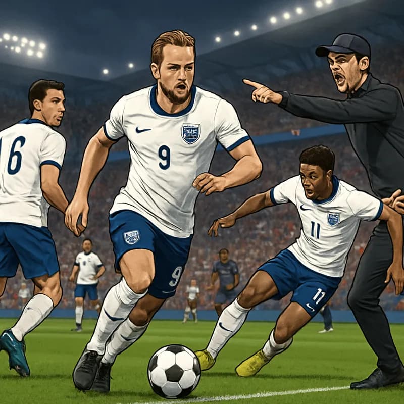A vibrant scene at a packed stadium with England's players in their iconic white jerseys, focused and determined, with Tuchel on the sidelines directing the game strategy. The atmosphere is electric, 