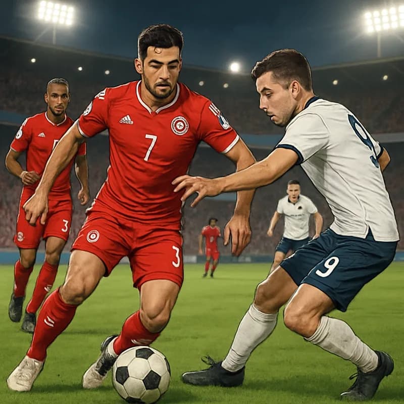 A scene from a vibrant soccer match with Tunisia's players in their red and white kits, battling against opponents in a stadium filled with passionate fans. The atmosphere is electric, with cheering f