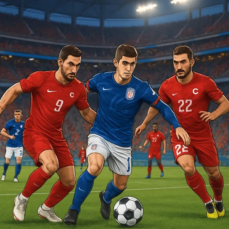 A vibrant scene at SoFi Stadium, with fans in Turkish red and American blue jerseys, cheering passionately. The green pitch is perfectly manicured, with players warming up in the background. The atmos