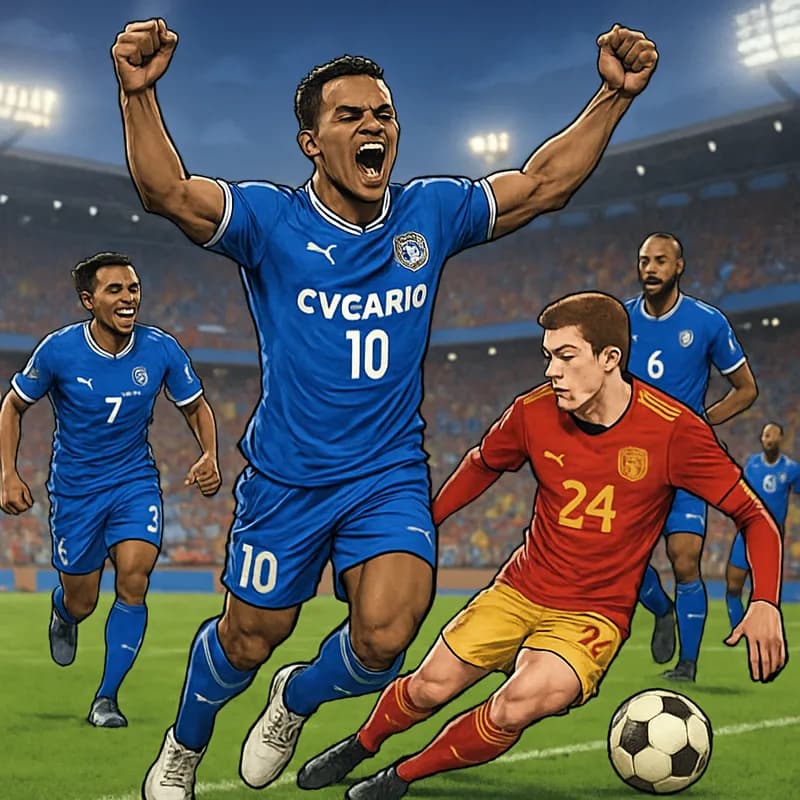 A vibrant scene depicting Cape Verde's players in their blue and white kits, celebrating a crucial moment in their match against Spain. The atmosphere is electric, with fans waving flags in the stands