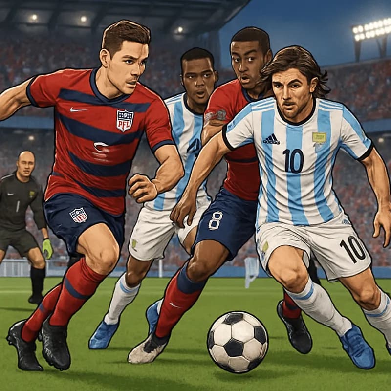 A vibrant soccer scene at a packed stadium, with fans in USA's red, white, and blue jerseys and Paraguay's sky blue and white kits. The atmosphere is electric as players warm up on the green pitch, re