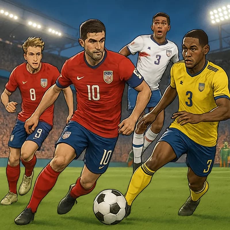 A vibrant scene from a World Cup match featuring the USA team in their traditional red, white, and blue kits. Fans are cheering passionately in the stands at a packed stadium, with a green pitch and a