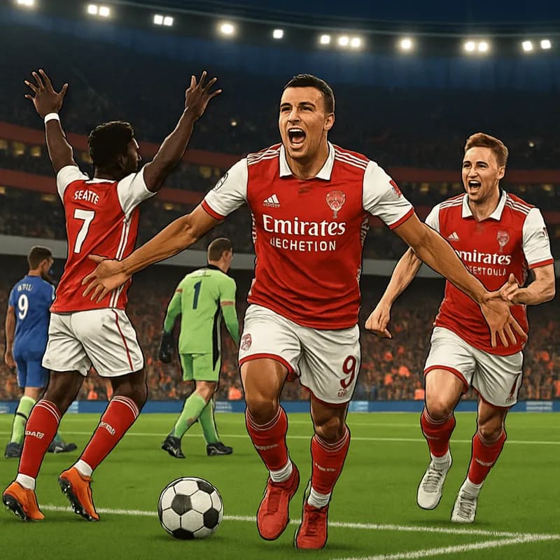 A tense moment in a match at the Emirates Stadium, with Arsenal players in their red and white kits, celebrating a crucial goal while the crowd erupts in joy. The green pitch is vibrant, and the atmos