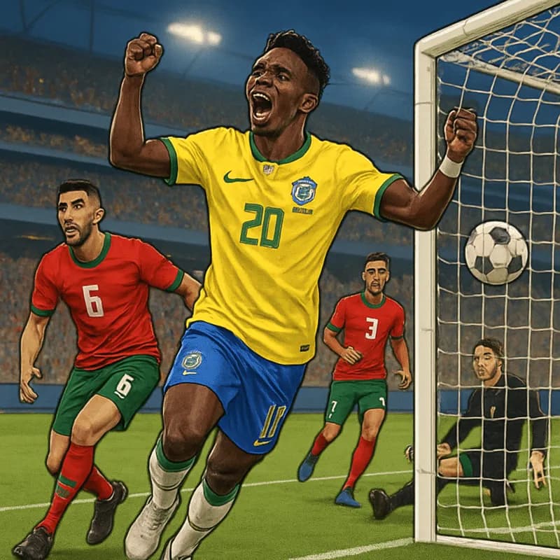 A vibrant scene at the MetLife Stadium in New Jersey, showcasing Brazil in their iconic yellow and green kits, with Vinicius Jr celebrating his spectacular goal against Morocco. The stadium is filled 