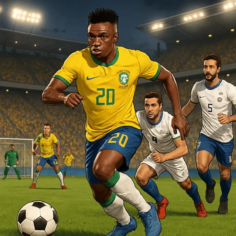 A vibrant soccer scene featuring Vinicius Junior in the Brazil national team's yellow and green kit, amid a packed stadium atmosphere, showcasing fans cheering passionately as the team prepares for a 