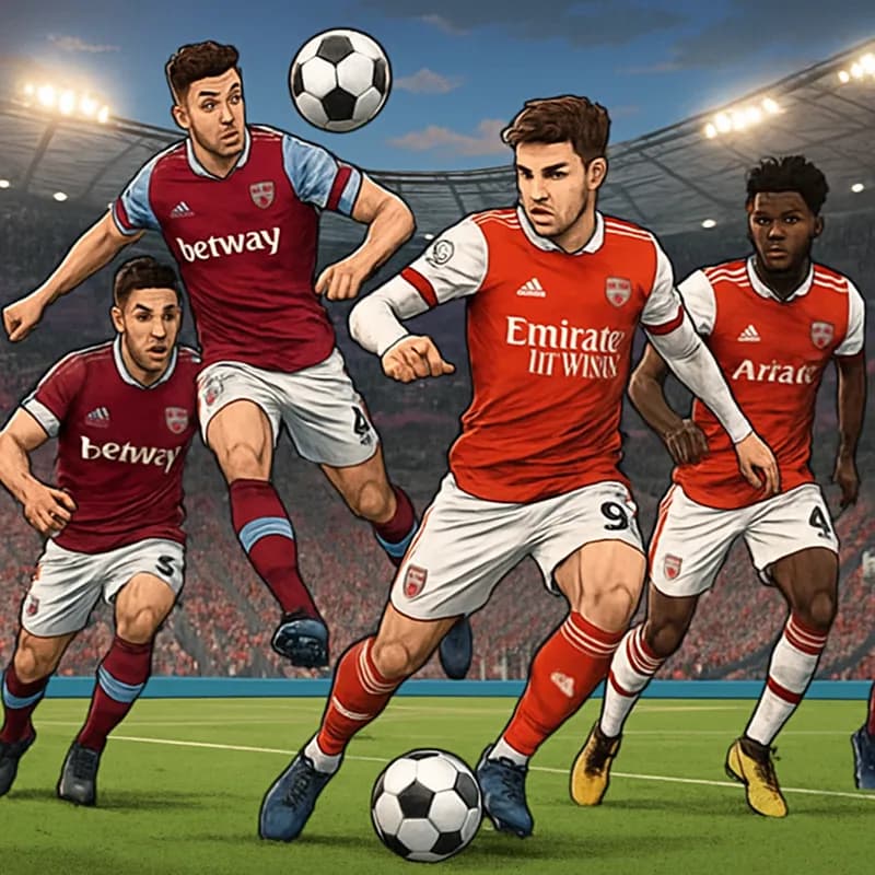 A vibrant scene at the London Stadium with West Ham players in claret and blue jerseys, battling against Arsenal in their red and white kits. The atmosphere is electric, filled with fans waving scarve