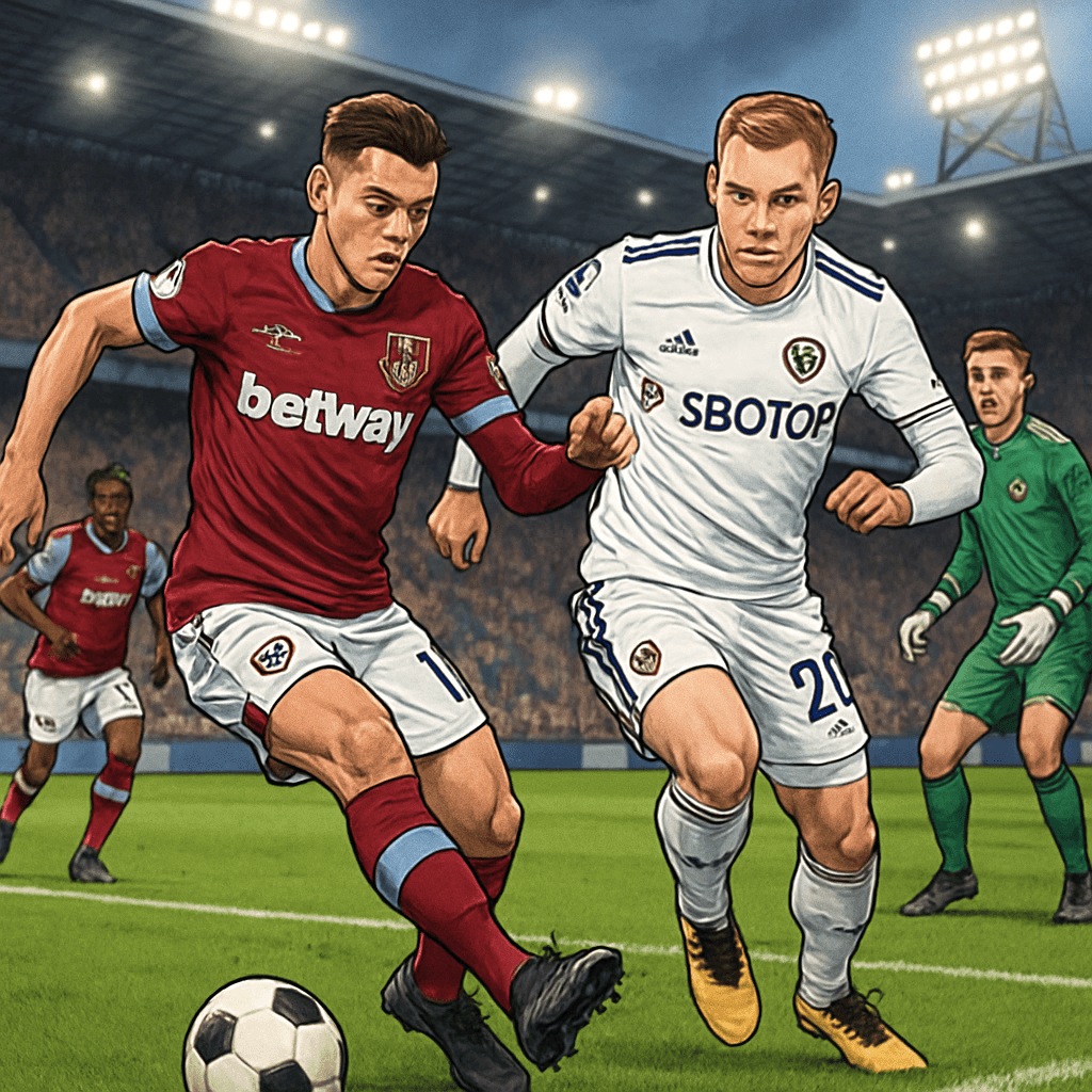 A vibrant scene at London Stadium during a West Ham vs Leeds match, with fans in claret and blue for West Ham and white and gold for Leeds, capturing the electric atmosphere of a crucial game day.