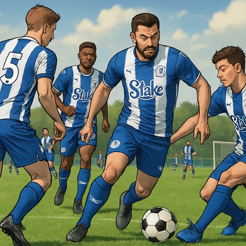 A vibrant scene at Wigan Athletic's training ground, with players in their blue and white striped kits practicing together. The atmosphere is energetic, with a focus on teamwork and tactical drills, s