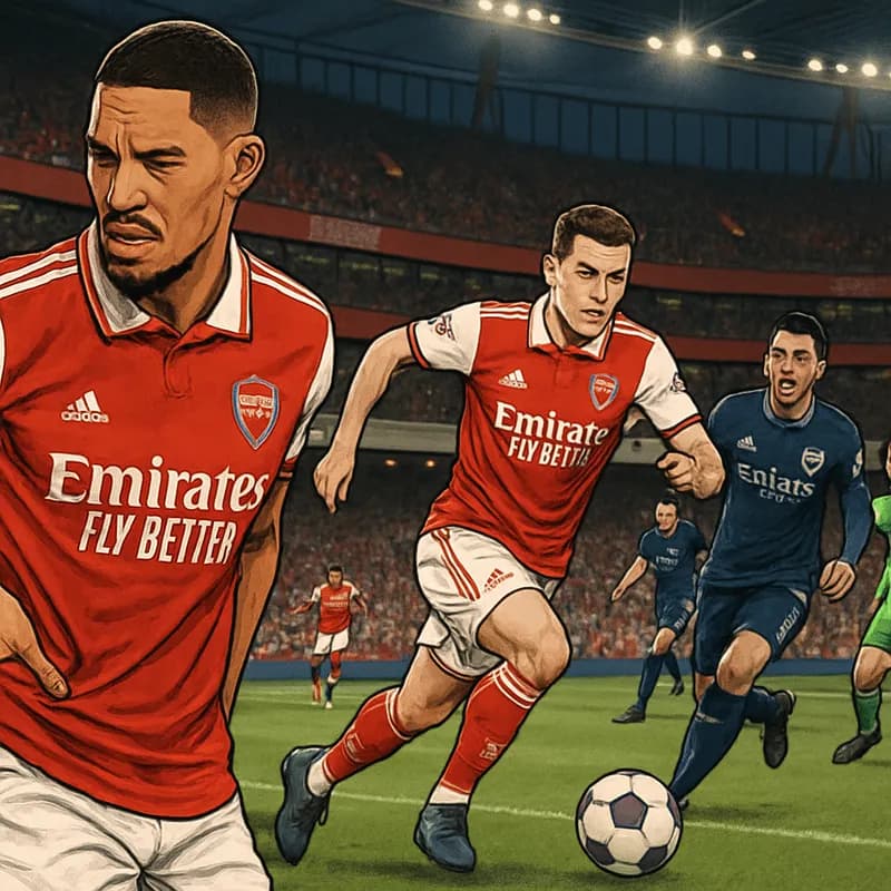 A dramatic scene of an Arsenal match at the Emirates Stadium, with fans in red and white jerseys cheering. William Saliba, in his Arsenal kit, is seen on the sidelines, visibly concerned about his bac