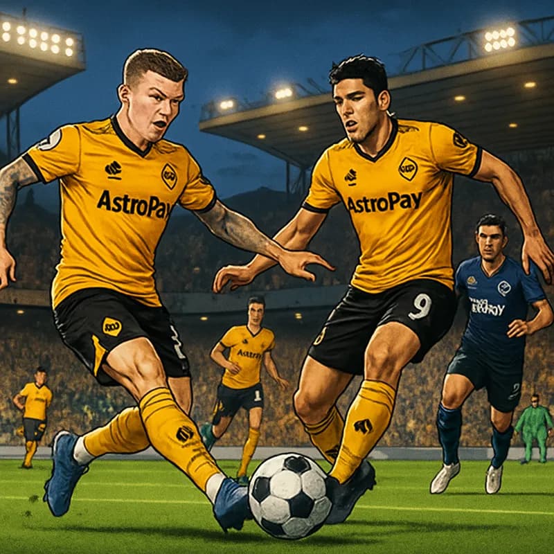 A vibrant scene at Molineux Stadium with Kieran Trippier in a Wolves jersey (gold and black) delivering a cross, while Raul Jimenez (also in gold and black) prepares to score. The atmosphere is electr
