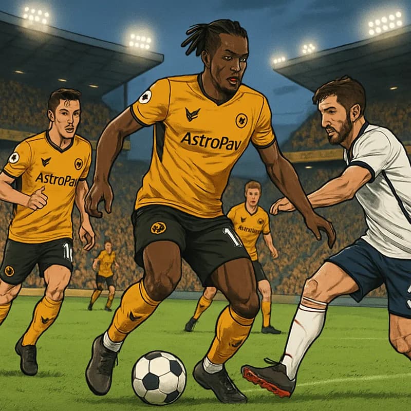 A dramatic scene at Molineux Stadium with Wolves players in their gold and black kits, surrounded by fans cheering passionately. The green pitch is alive with energy as players train, highlighting the