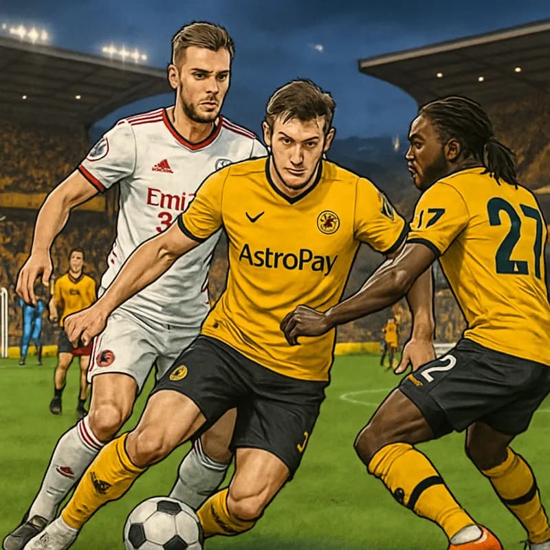 A tense scene at Molineux Stadium with Wolves fans in their gold and black jerseys, showcasing the atmosphere as they await the appointment of César Peixoto. The pitch is lush green, with a football p