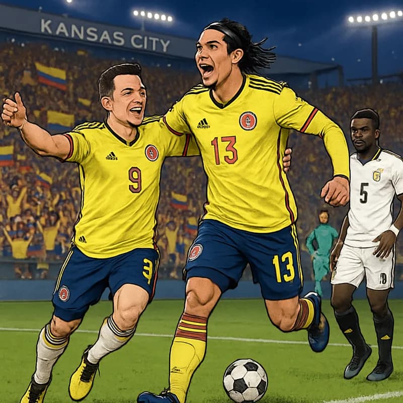 A vibrant scene at a packed stadium in Kansas City, with Colombian players in yellow jerseys celebrating after scoring a goal against Ghana. Fans wave flags and cheer, creating an electrifying atmosph