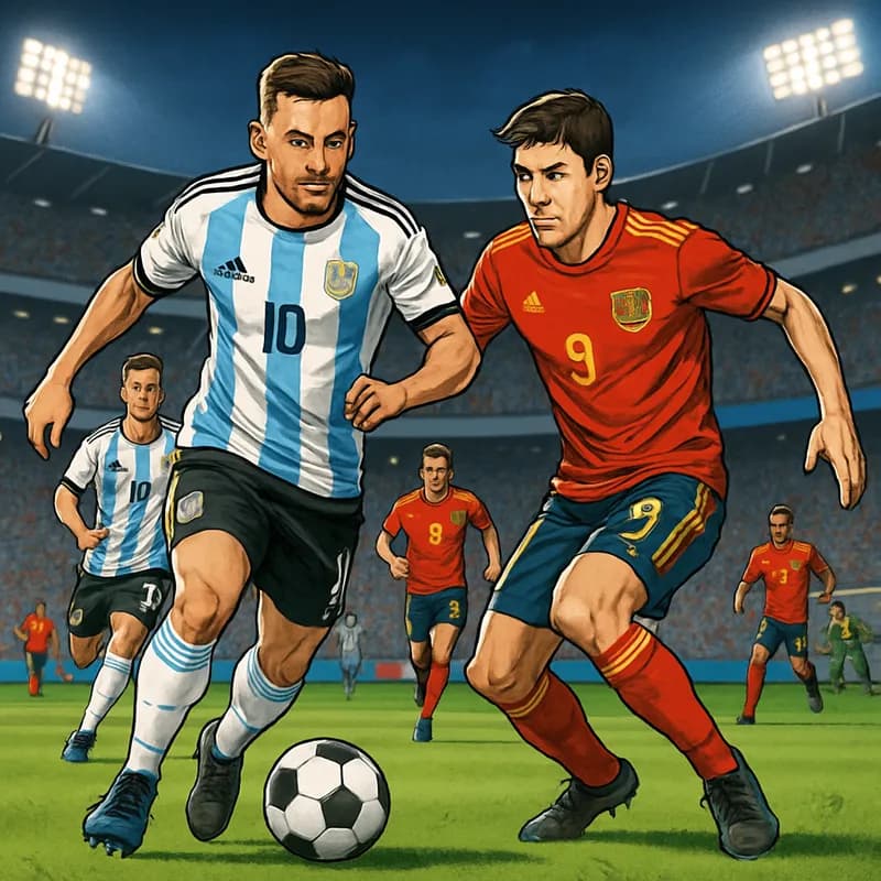 A vibrant scene outside the Azteca Stadium with fans dressed in Argentina's sky blue and white jersey, and Spain's red kit, celebrating and waving flags. The atmosphere is electric, with a green pitch