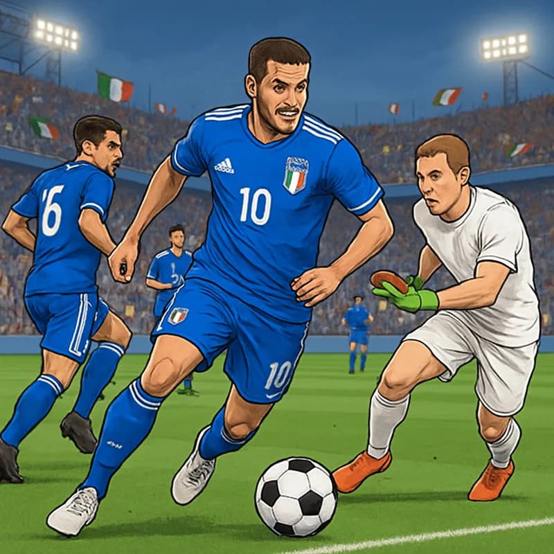A lively stadium scene featuring the Italian national team in their blue jerseys, with fans waving flags and cheering passionately. The green pitch is marked with a classic white soccer ball, creating