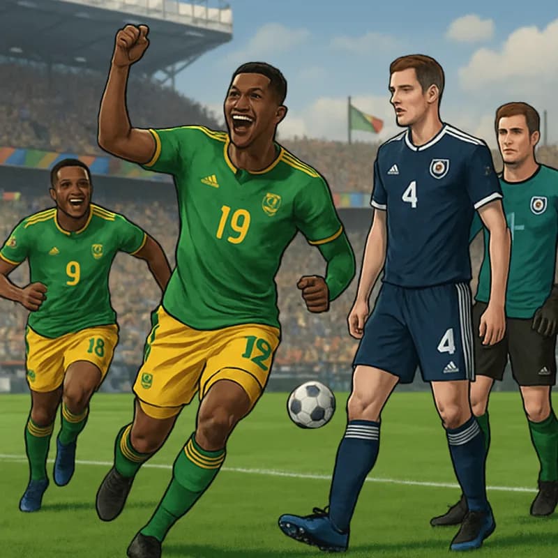 A vibrant scene in a packed stadium during a World Cup match, with fans waving flags. South Africa's players in their green and gold kits celebrate a goal, while Scotland's players in navy blue look o