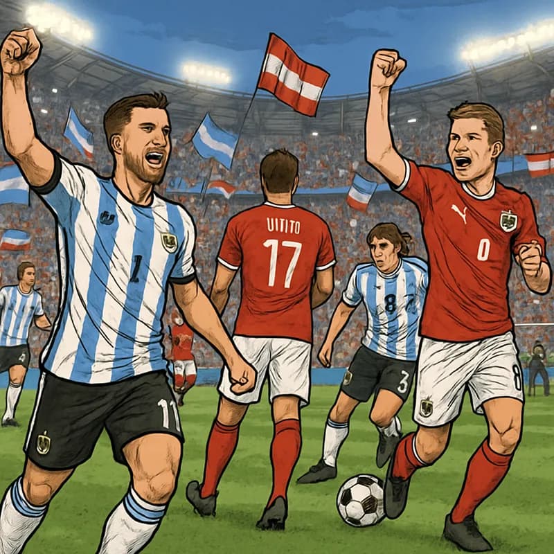 A vibrant scene at a World Cup stadium, filled with fans wearing Argentina's blue and white stripes and Austria's red and white jerseys, celebrating before a match. The atmosphere is electric, with fl