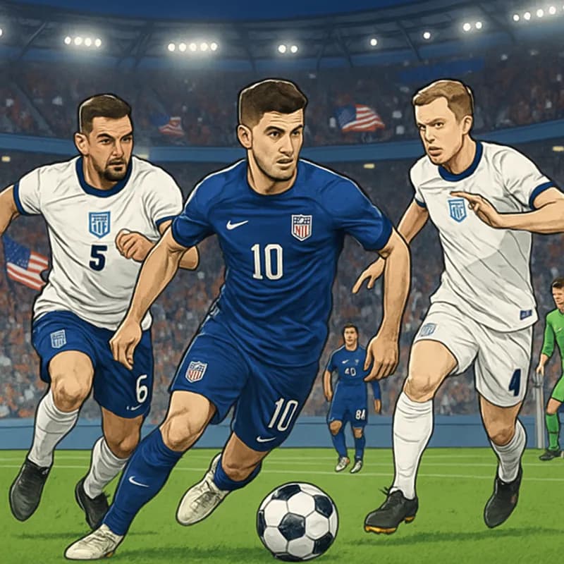 A vibrant stadium scene featuring the USMNT in their blue and white kits, with fans waving flags and cheering enthusiastically. The green pitch is set for action, with excitement in the air as the tea