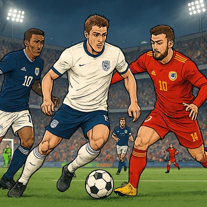 A vibrant scene depicting an international football match under floodlights. The England team in their classic white jerseys, Scotland in dark blue, and Wales in their red kits, battling for possessio