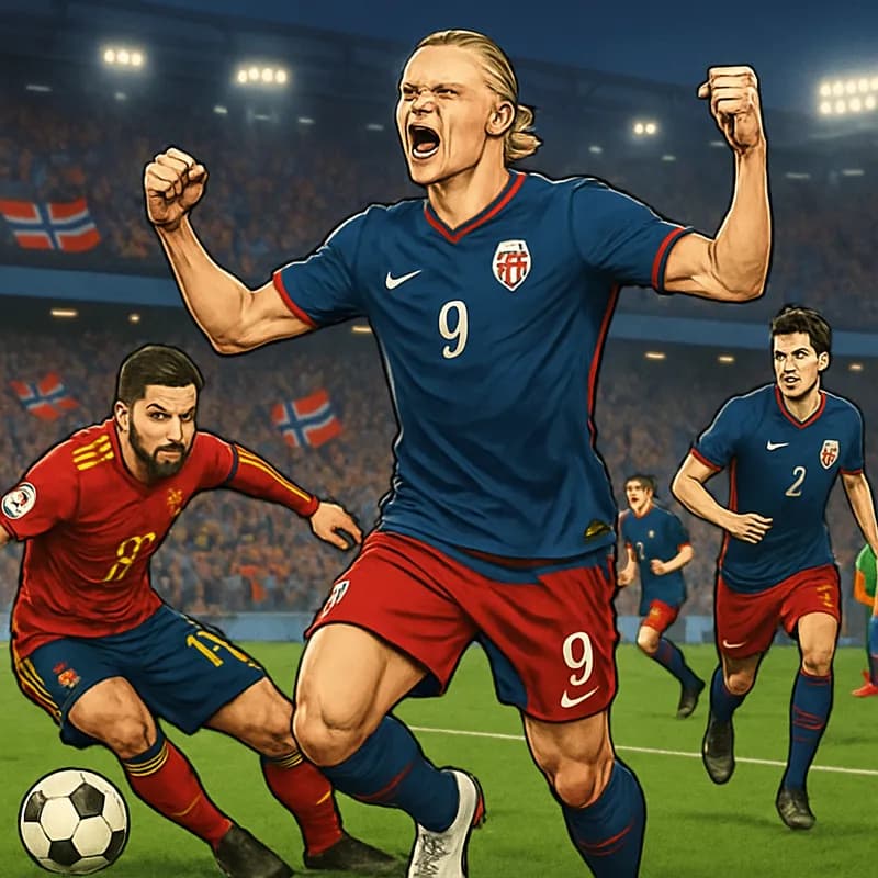 A vibrant scene in a stadium filled with fans, showcasing Norway's blue and red kit as Haaland celebrates a goal. The atmosphere is electric, with flags waving and players in action on the green pitch