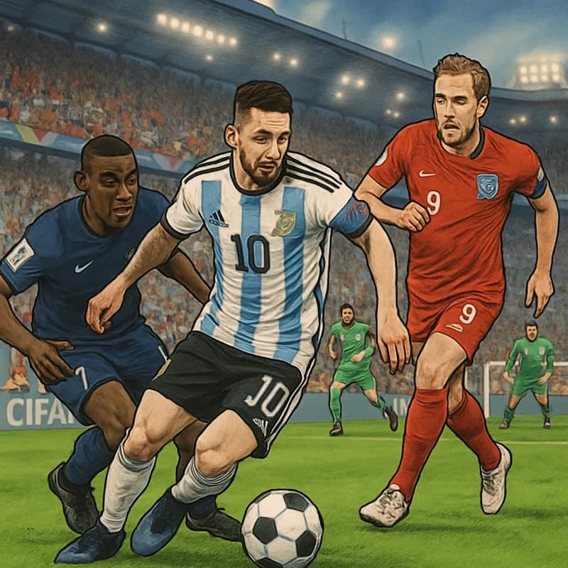 A vibrant soccer scene at a World Cup stadium, with fans in colorful jerseys, eagerly trading Panini stickers. The atmosphere is electric, with banners waving and a green pitch in the background, capt