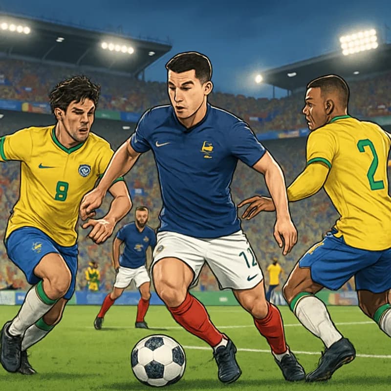 A vibrant scene inside a packed stadium, with fans wearing their national team's colors, waving flags, and cheering. The atmosphere is electric as players warm up on the pitch, surrounded by a sea of 