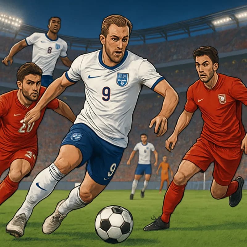 A bustling scene outside MetLife Stadium with fans wearing England jerseys in white and red, excitedly gathering for the match. The stadium is vibrant, with colorful banners and a green pitch visible 