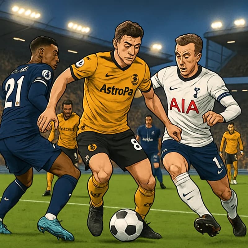 A tense moment in a Premier League match with players in Tottenham's navy blue and white kits battling for possession against Wolves in their gold and black uniforms. The atmosphere is electric, with 