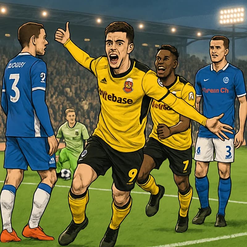 A packed stadium atmosphere with York City players in their yellow and black kits celebrating a goal, while Rochdale players in their blue and white kits look on in disbelief. The green pitch is vibra