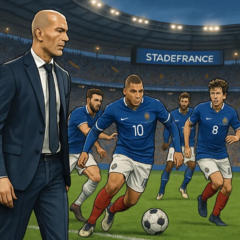 A vibrant scene at the Stade de France, with Zinedine Zidane on the sidelines, wearing a tailored suit. The French team, in their iconic blue jerseys, is lined up for a match, showcasing the intensity