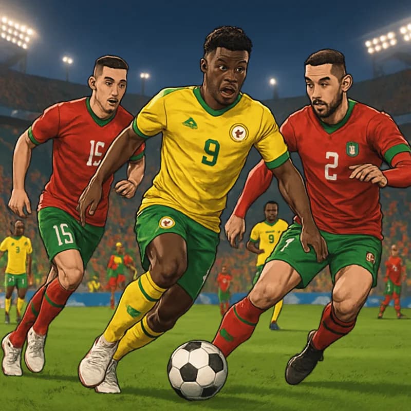 A vibrant scene at a packed stadium during the World Cup, showcasing fans wearing the jerseys of African national teams like Senegal in bright yellow and green, and Morocco in red and green. The atmos