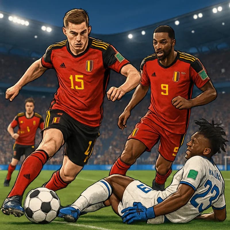 A tense moment on the pitch during a World Cup match, with players in Belgium's red and yellow kit battling for the ball. The stadium is packed with fans, showcasing an electric atmosphere as Onana is