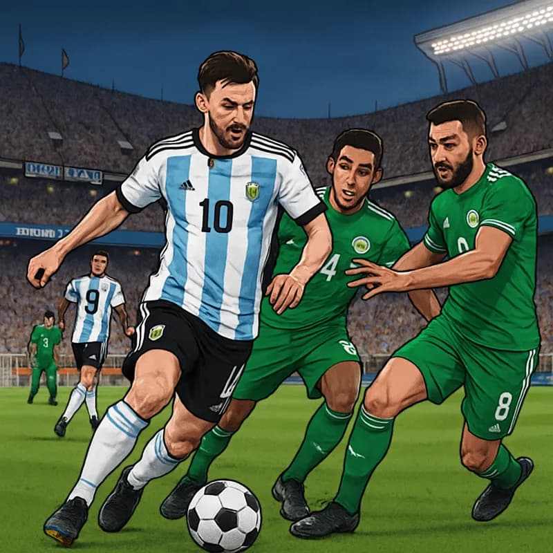 A vibrant scene at GEHA Field at Arrowhead Stadium, showcasing Argentina's sky blue and white jerseys against Algeria's green kits. The stadium is packed with enthusiastic fans, flags waving, and a ro