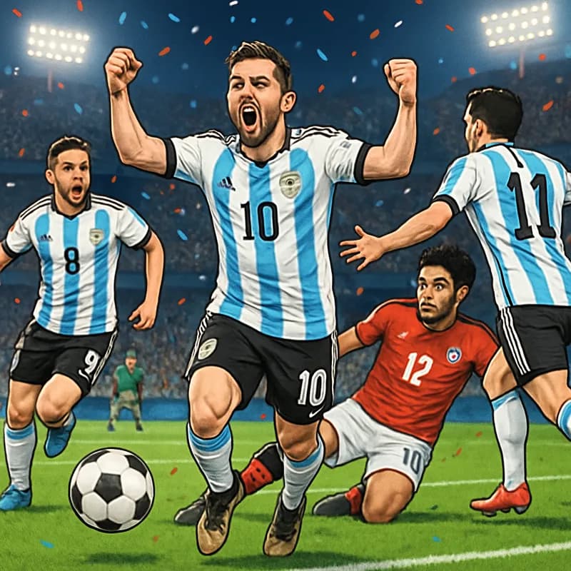 A dramatic scene at a packed stadium where Argentina's players, in their iconic sky blue and white striped jerseys, celebrate a goal against Egypt, who are in their traditional red and white kits. The