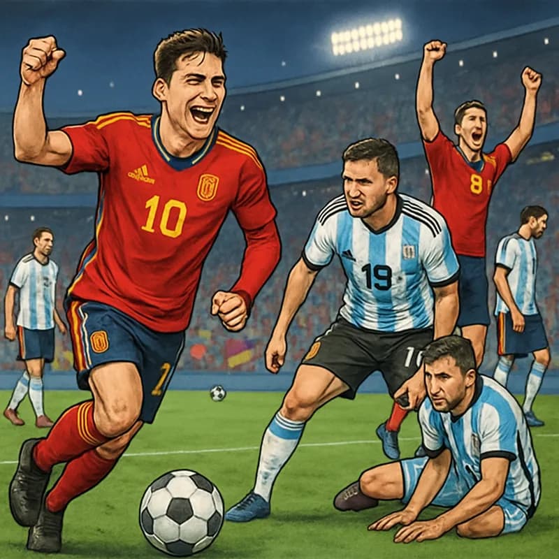 A vibrant scene at the New York New Jersey Stadium, capturing the intensity of the World Cup final. Players in Spain's red and yellow jerseys celebrate their victory, while Argentine players in sky bl