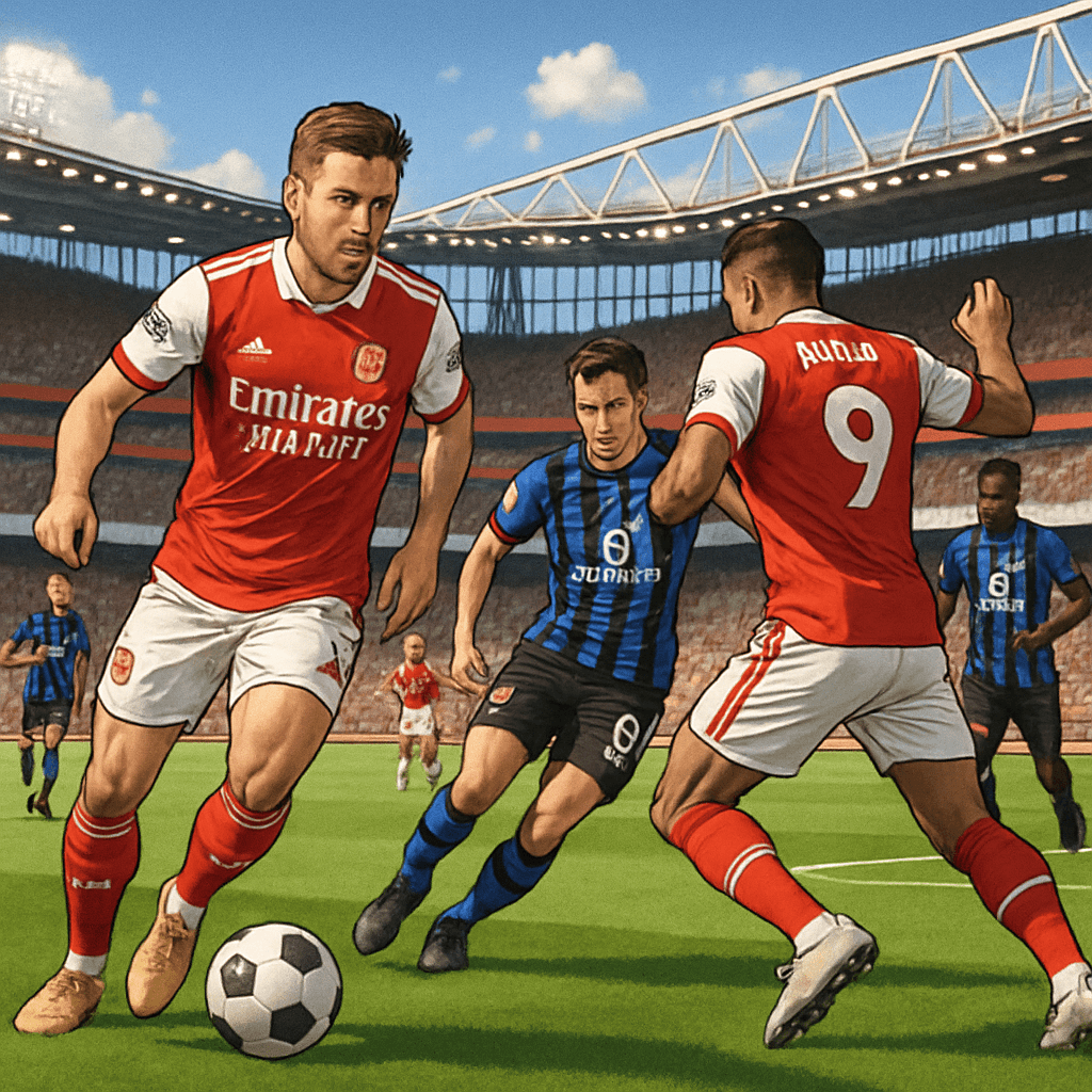 A vibrant scene at the Emirates Stadium, with Arsenal players in their red and white kits warming up on the pitch. The atmosphere is electric, with fans waving scarves and banners, ready for the match