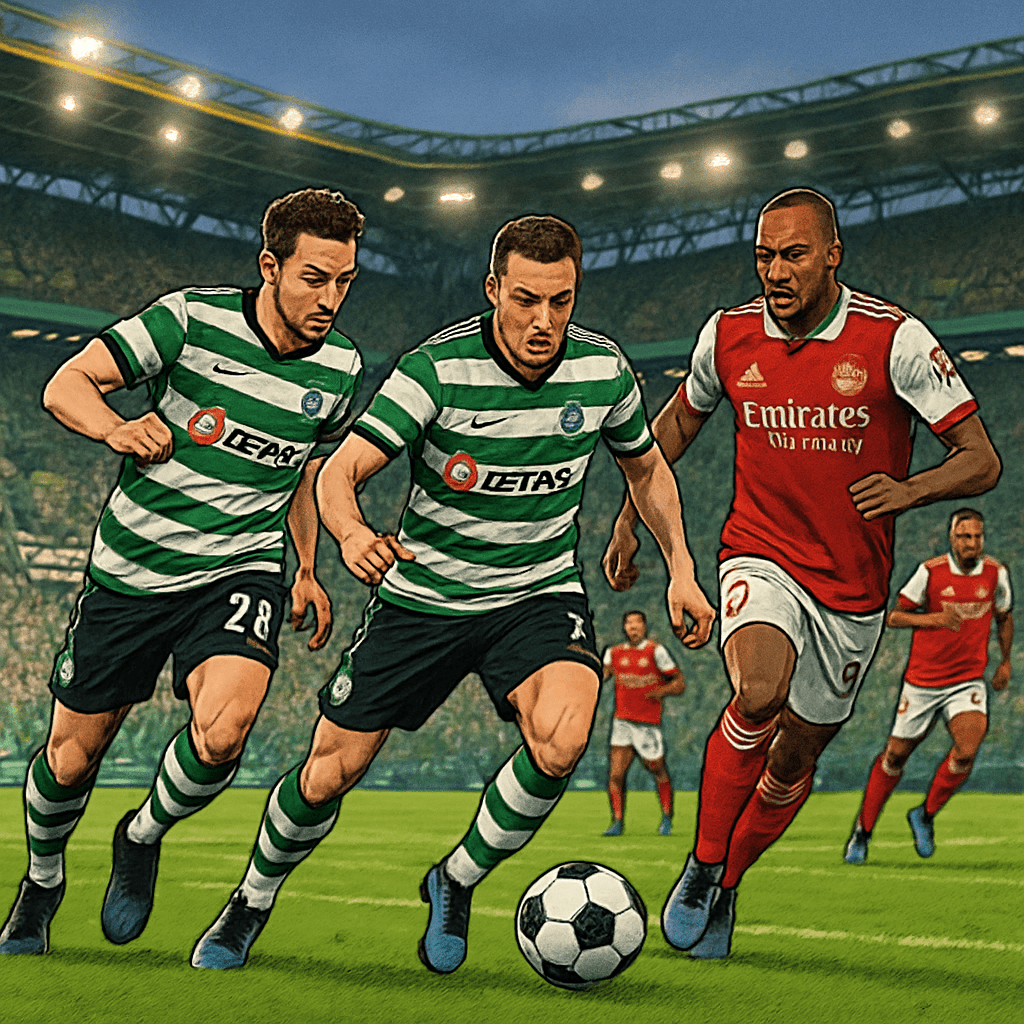 A vibrant scene at Estádio José Alvalade, with Sporting Lisbon players in green and white stripes warming up on a lush green pitch. Arsenal's players in red and white kits are seen in the background,