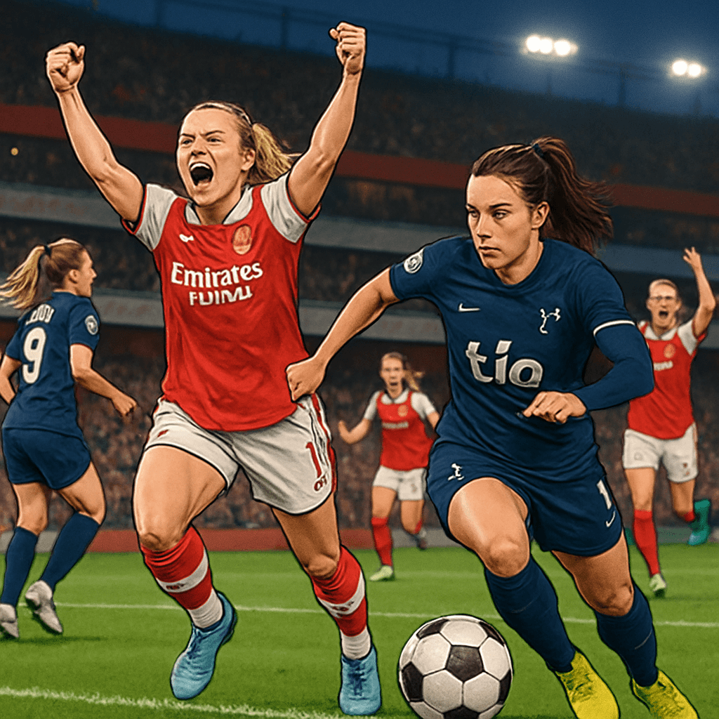 A vibrant scene from the Women's Super League match featuring Arsenal's red and white kits against Tottenham's navy blue. The atmosphere is electric, with fans cheering in the stands, players celebrat
