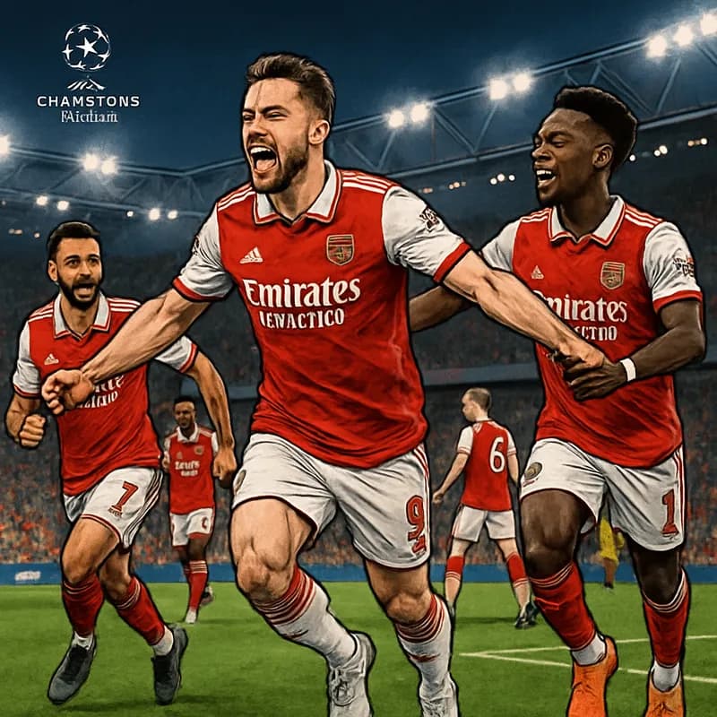 An illustration of Arsenal players in their red and white kits, celebrating a goal at the Emirates Stadium with a vibrant crowd in the background, showcasing a thrilling Champions League atmosphere.