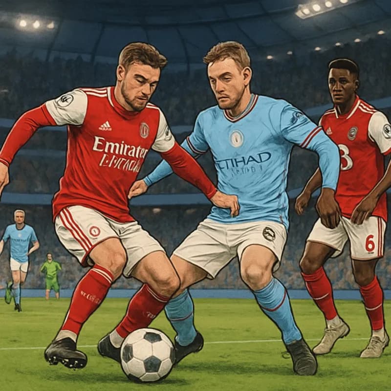 A tense moment during a match at the Etihad Stadium, with Arsenal players in their red and white kit battling against Manchester City in their sky blue jerseys. The stadium is packed, creating an elec